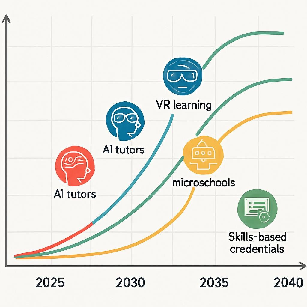 Timeline showing educational technology adoption from 2025 to 2040, with AI tutors reaching mainstream by 2028, VR learning by 2029, and complete transformation of traditional schools by 2040.