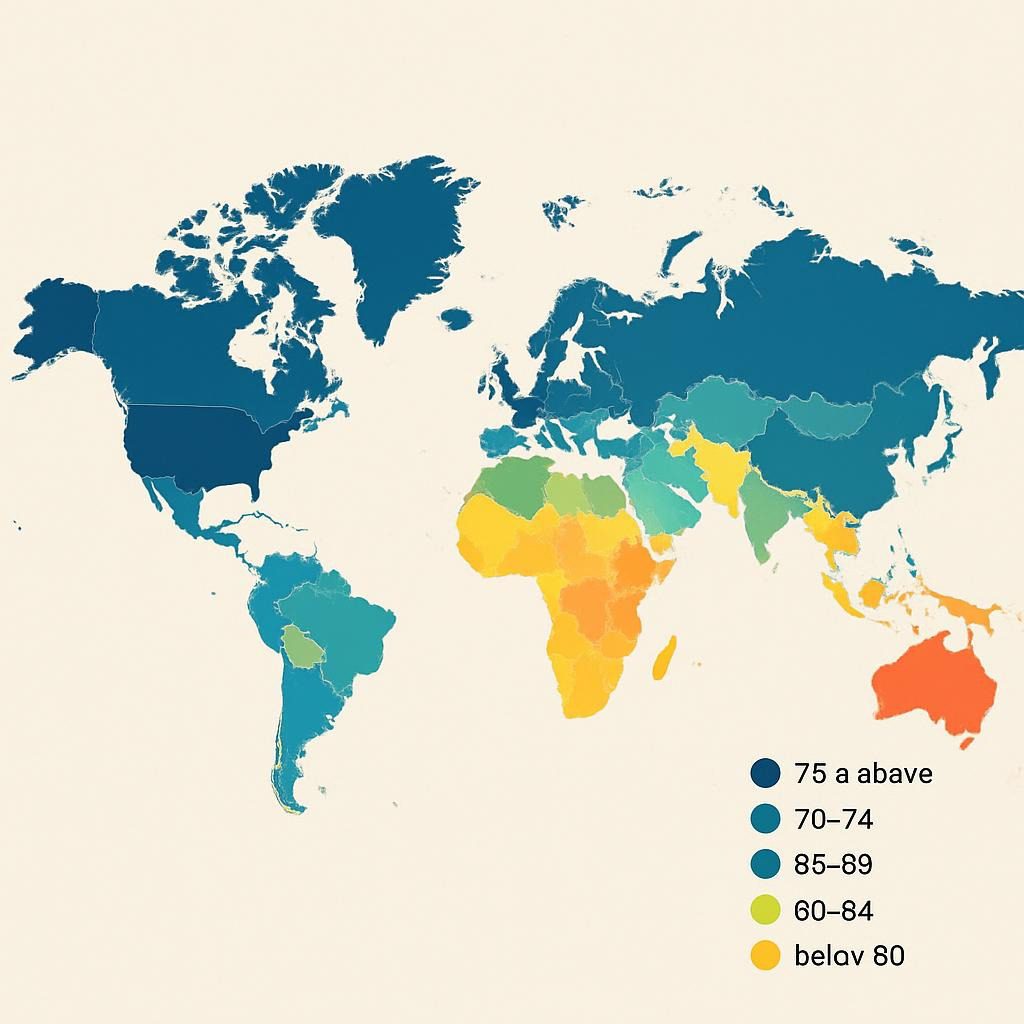 Interactive map showing life expectancy by country, highlighting biohacking hotspots like Japan and the US West Coast