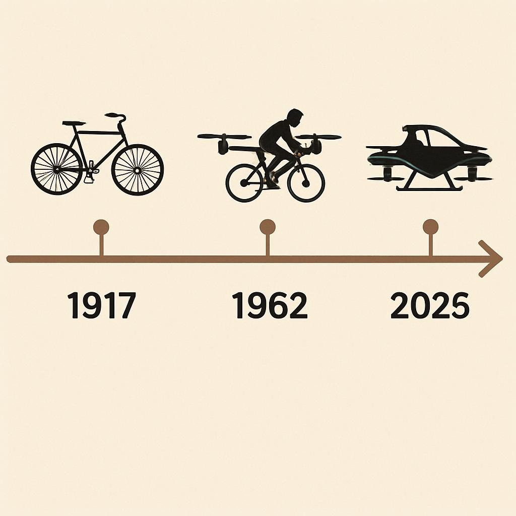 Evolution timeline of personal air mobility and eVTOL flying bikes