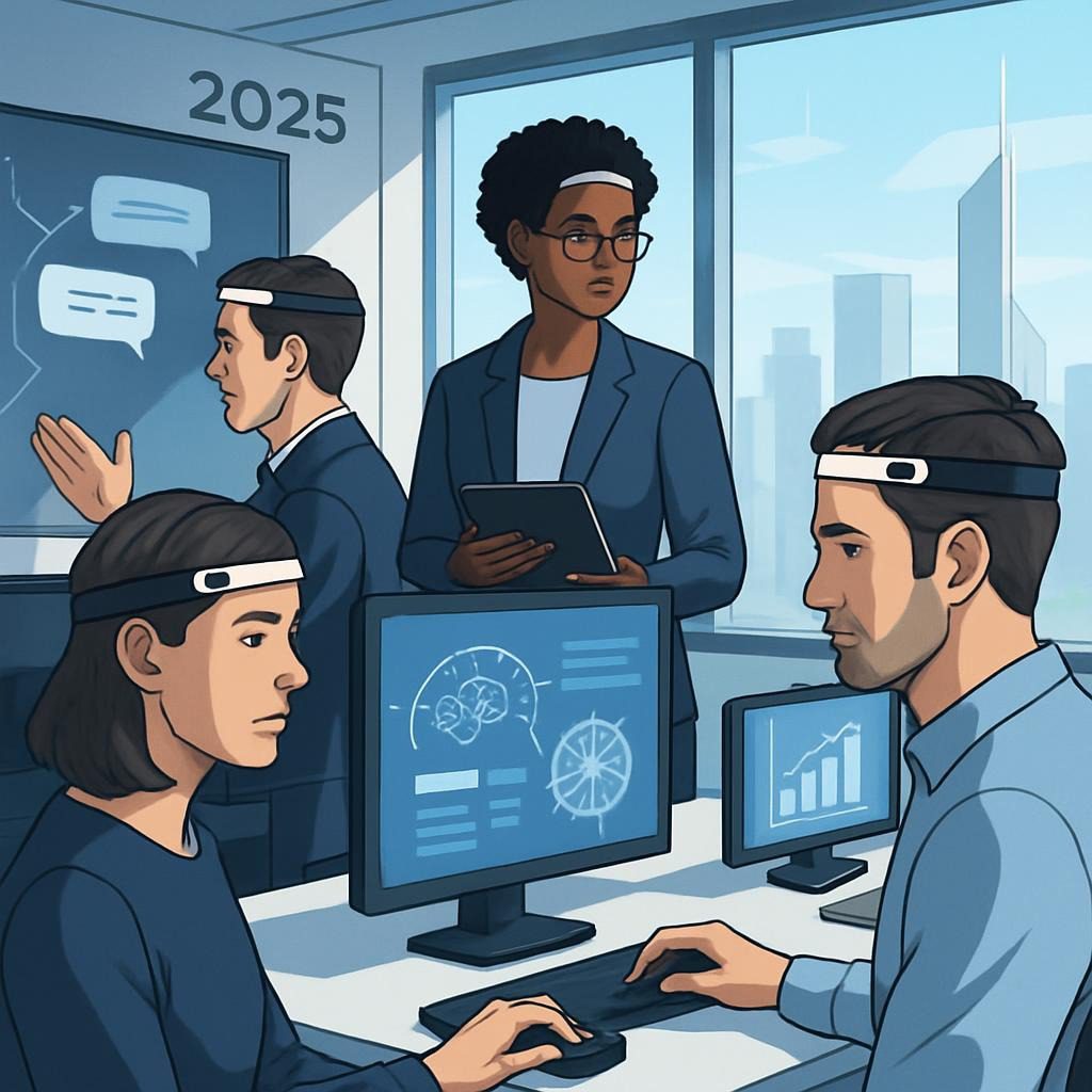 AI-generated image depicting integrated thought-reading AI in a modern business setting