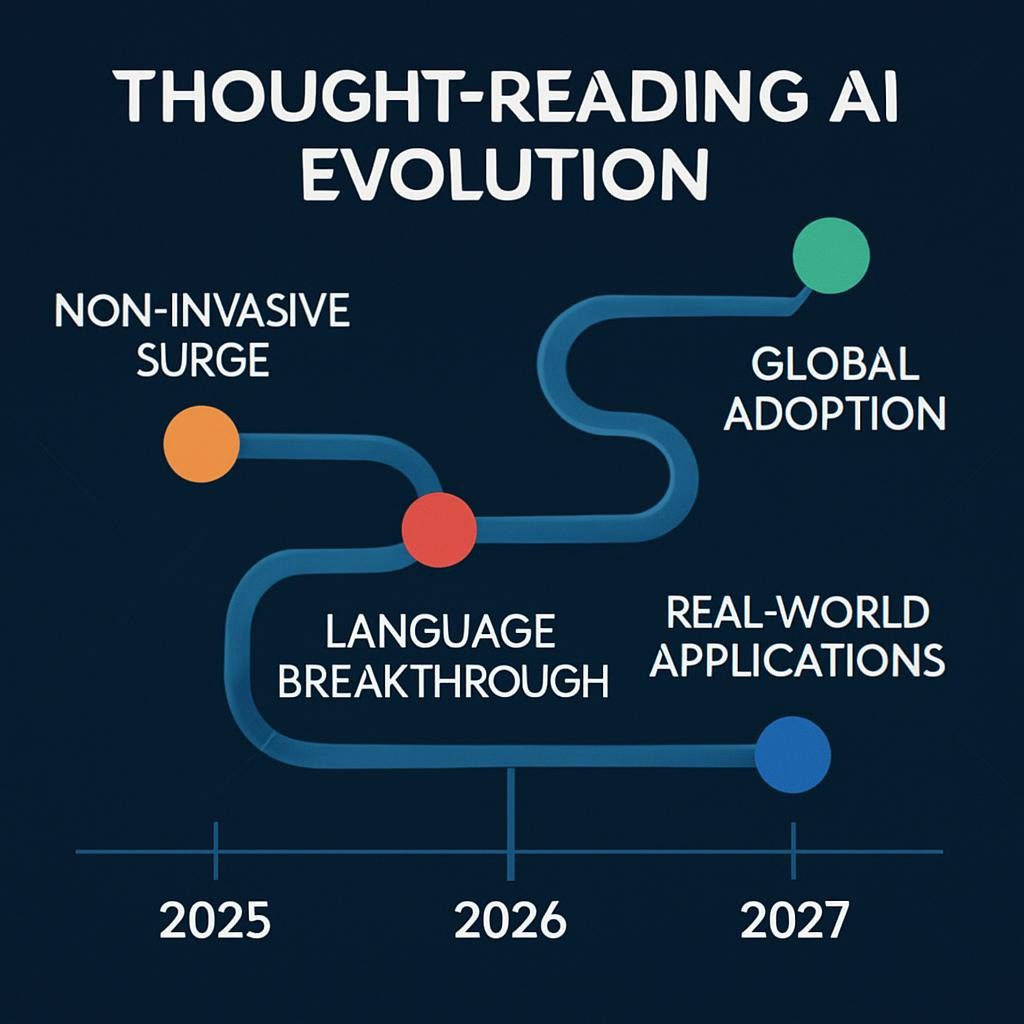 Roadmap diagram showing the evolution of thought-reading AI from 2025 to 2027