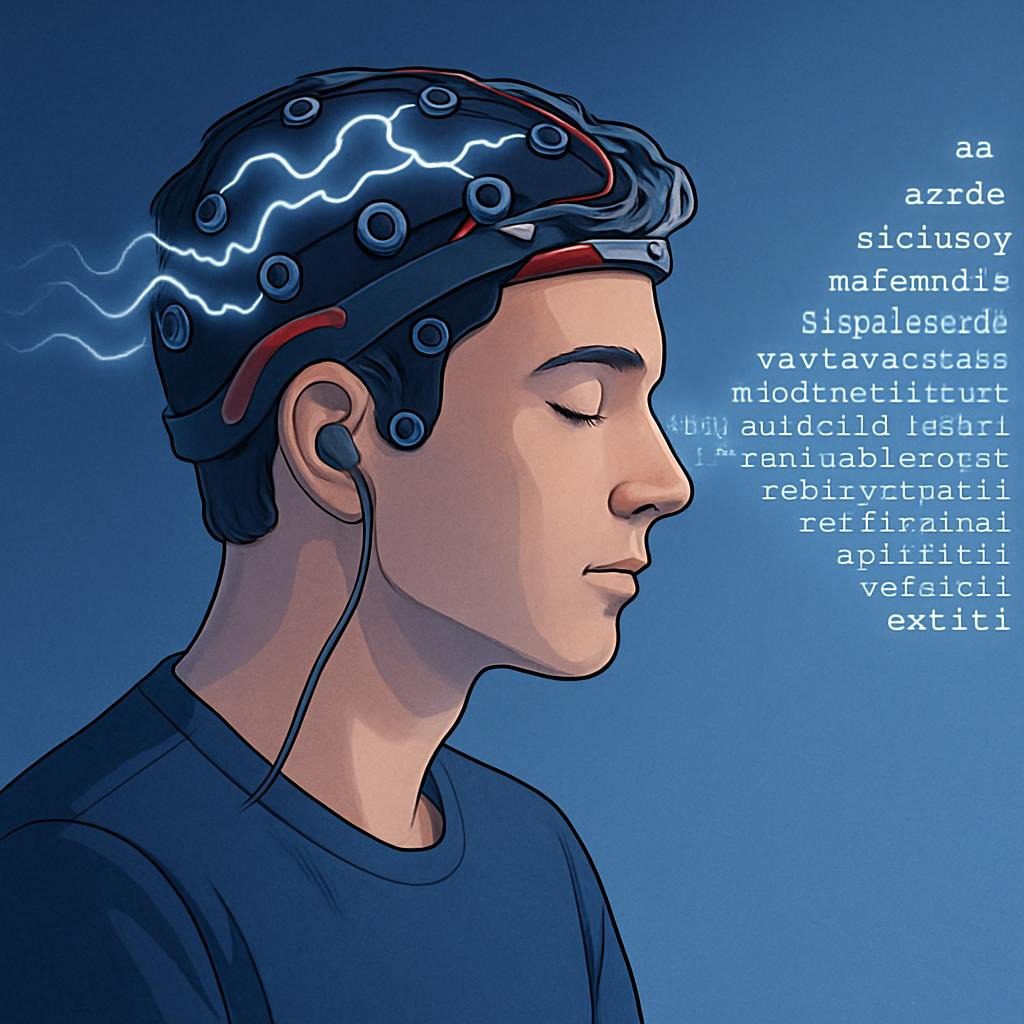 AI-generated image of thought-reading AI headset decoding neural signals for business use in 2025.