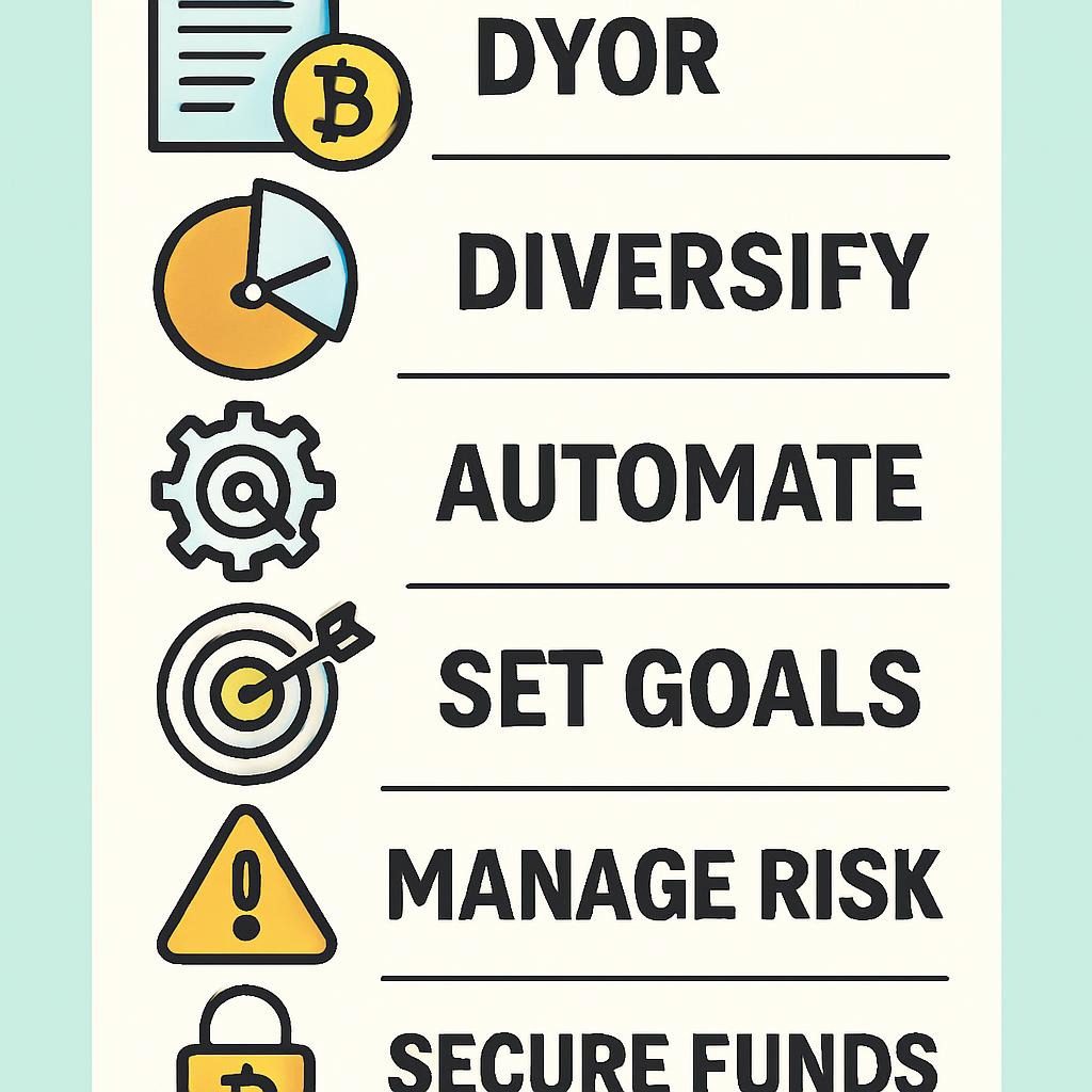 Infographic summarizing seven essential tips for crypto success in 2025, with bold visuals and quick stats.