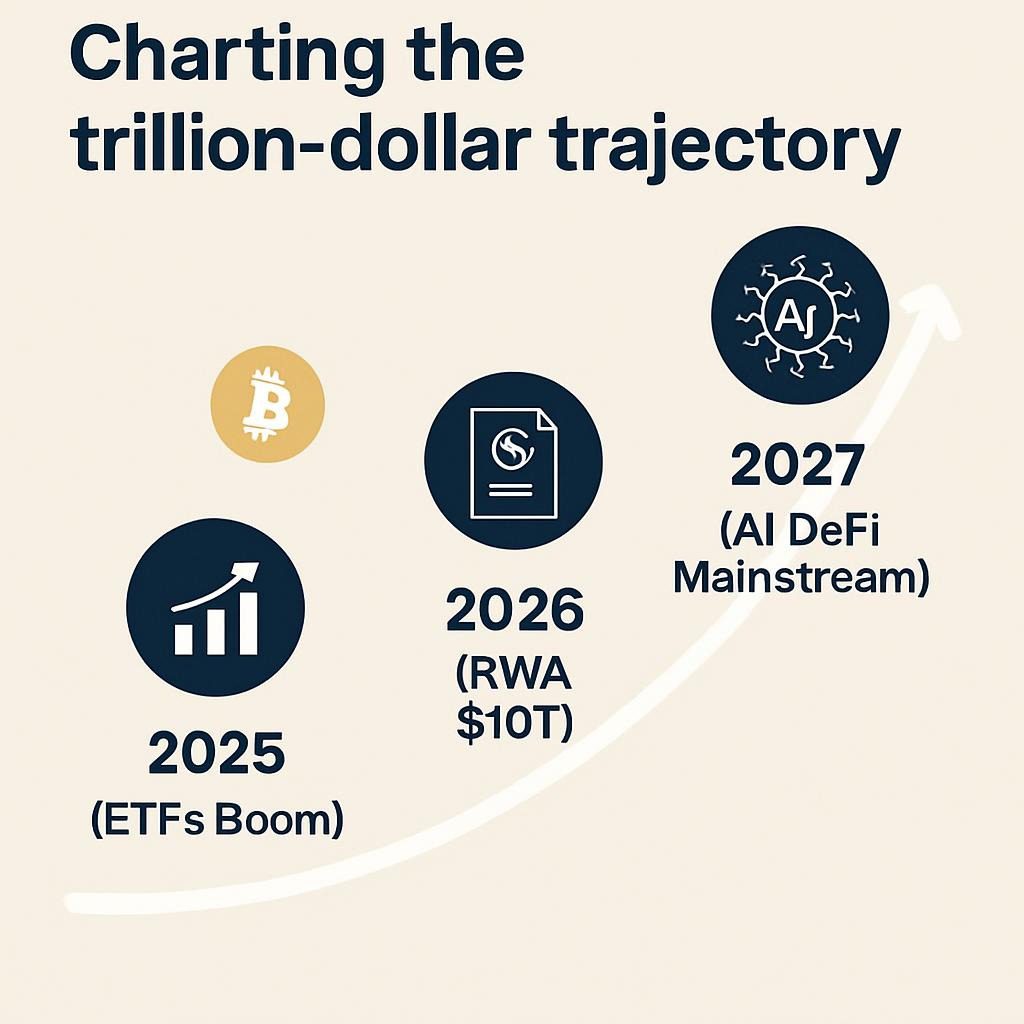 Horizontal roadmap diagram depicting key crypto milestones from 2025 to 2027, with growth arrows and innovation icons.