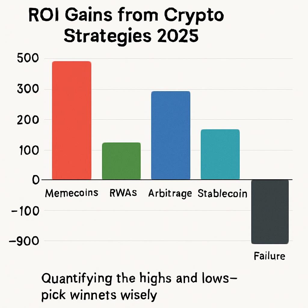 Bar graph comparing ROI percentages from various 2025 crypto strategies, highlighting memecoins' explosive growth.