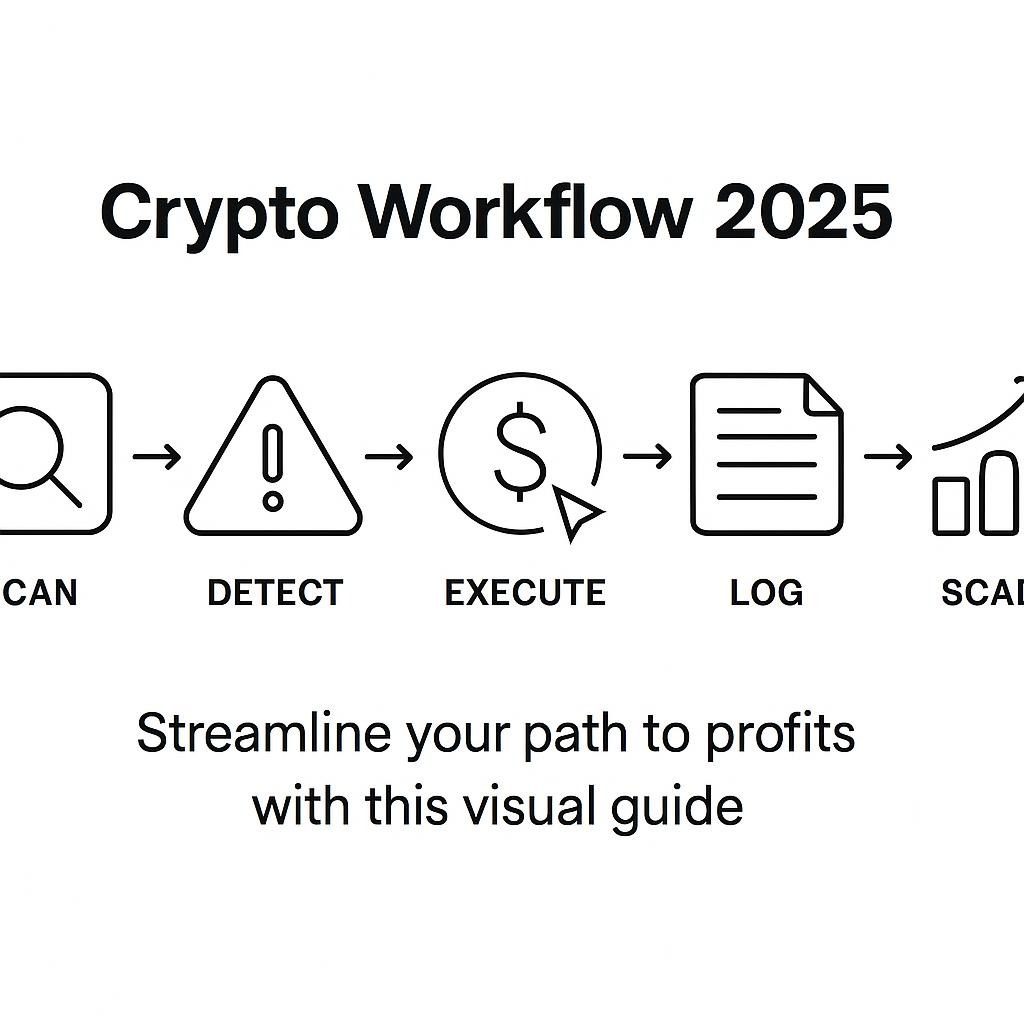 Flowchart illustrating the 10-step arbitrage workflow for crypto gains in 2025, with decision nodes and automation icons.