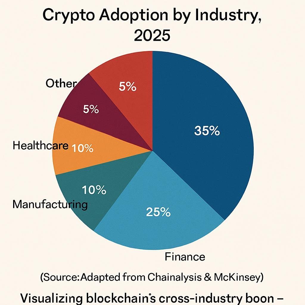 Colorful pie chart showing crypto adoption percentages by sector in 2025, with finance dominating at 35%.