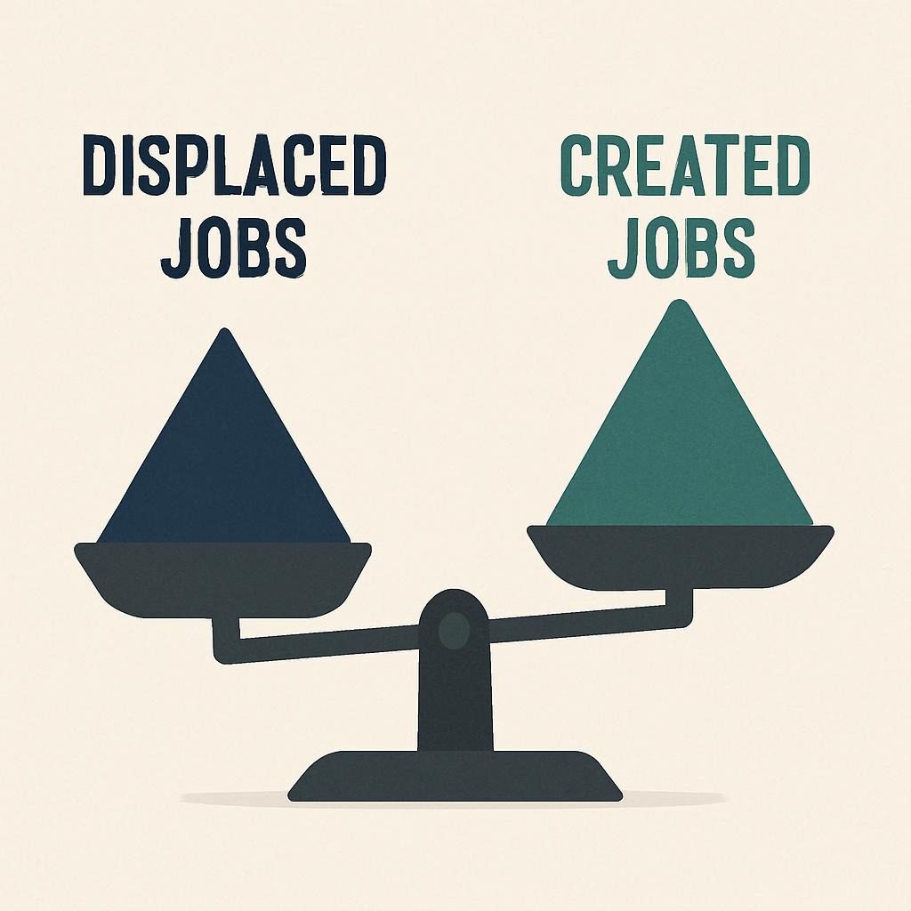 Closing infographic with a balance scale: "Displaced Jobs" vs. "Created Jobs," tipping toward creation with WEF stats