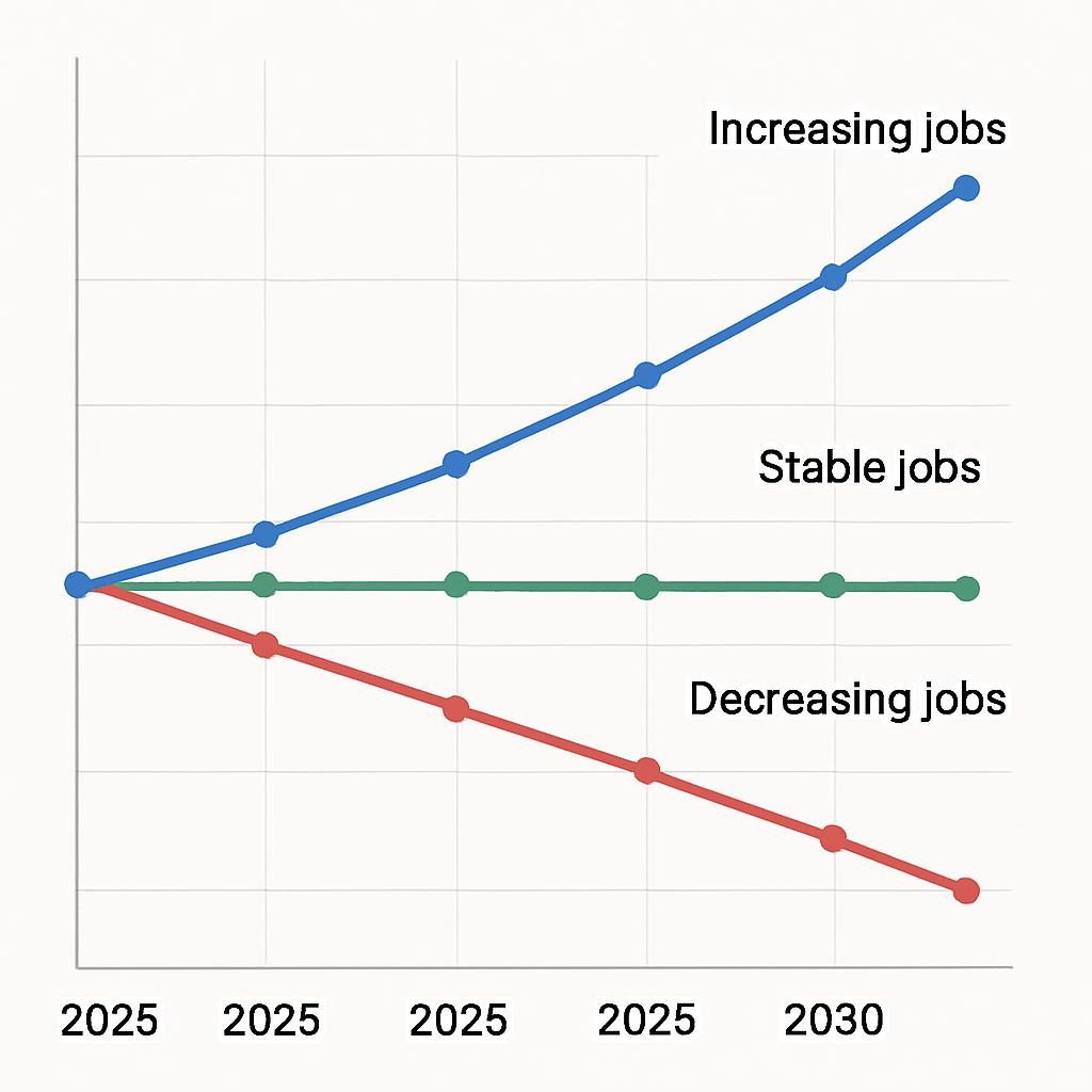 Scenario timeline chart showing job curves for each case from 2025 to 2030, with data points from WEF