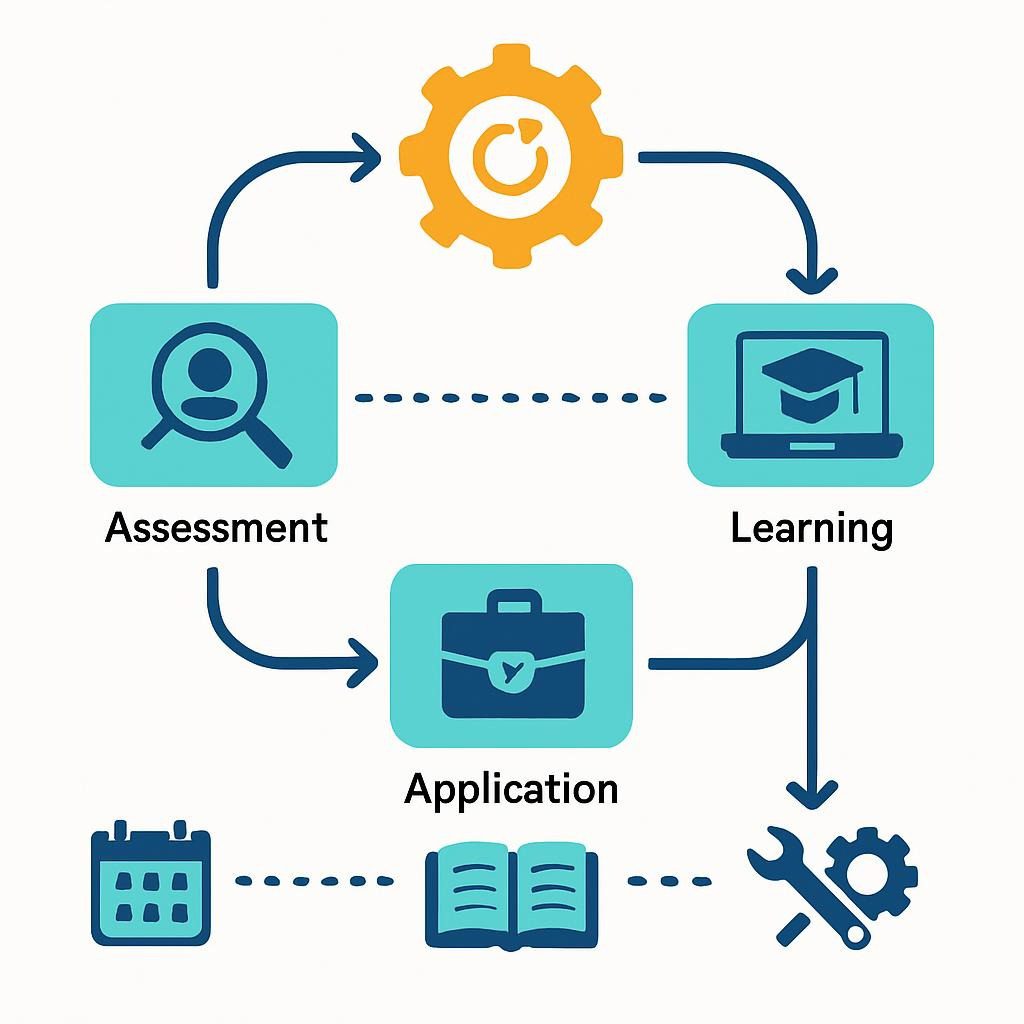 Step-by-step flowchart infographic for reskilling, with branches for assessment, learning, and application. Include timelines and tool icons