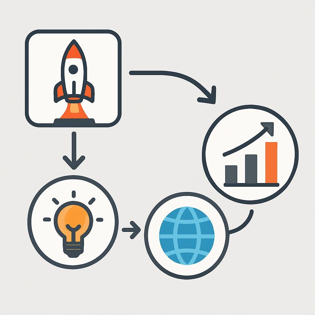 The diagram illustrates the process step-by-step with arrows, starting from Ignition (represented by a spark icon), moving to Amplification (depicted by a megaphone), and concluding with Metastasis (shown as a globe).