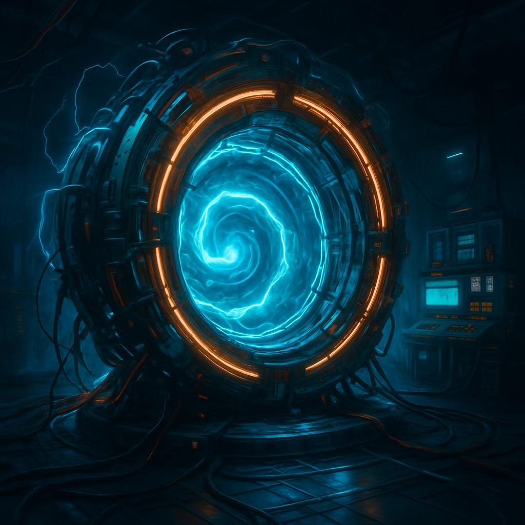 Alt text: Futuristic quantum device bending spacetime.